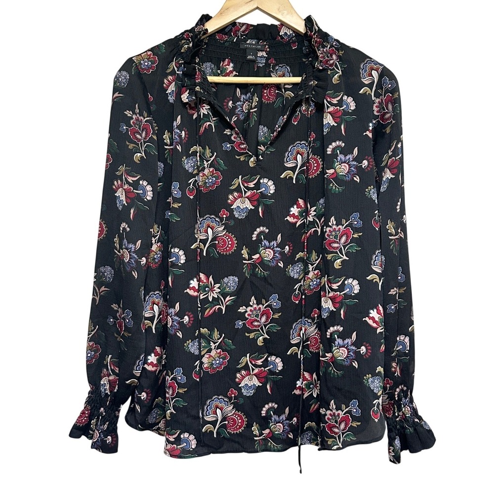 Ann Taylor Dark Floral Blouse Womens S Ruffle Neck Long Sleeve Sheer Top Cottage